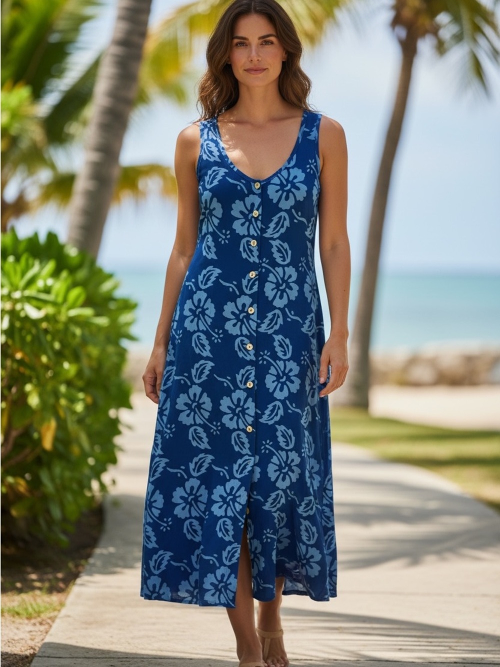 Norm Thompson Blue Hibiscus Floral Button Front Midi Dress Size Medium